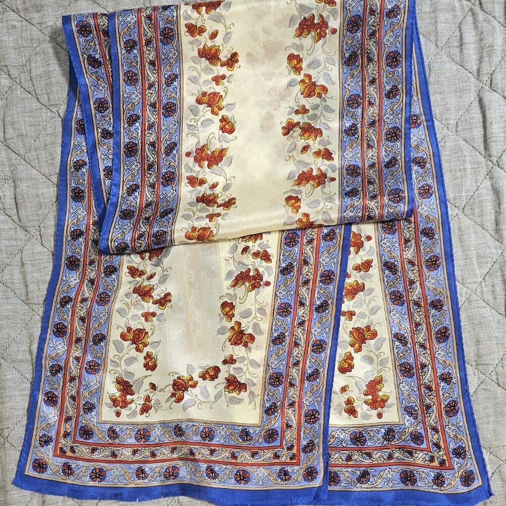 Worthington 100% silk scarf blue red floral 10x52" Japan